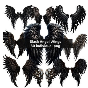 Black Angel Wings Clipart Bundle: Jewel Feather Design (30 PNG Digital Download)