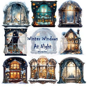 48 Ventanas de invierno por la noche, Ventana de Navidad, Invierno, Clipart, png transparente, sublimación, pegatinas digitales, Invierno elegante, Uso comercial