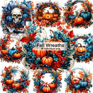 秋の収穫のリースのクリップアート: 青、緑、オレンジの秋の紅葉とカボチャと葉 - 季節の装飾グラフィック バンドル