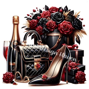Black Glam Clipart, PNG transparente, Bolso y zapatos elegantes, Ilustración púrpura de lujo, Arte digital sofisticado, Clipart de moda, Sublimación,