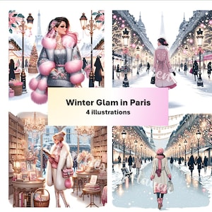 Illustration parisienne chic de luxe : scènes élégantes de paillettes roses, illustrations parisiennes glamour, numérique à la mode en France, français élégant