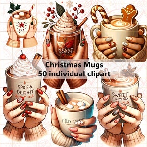 50 Hands with Christmas Mugs Clipart, Sublimacja świąteczna, Projekt kubków świątecznych, Naklejki cyfrowe, Zastosowanie komercyjne, Sezon świąteczny, PNG