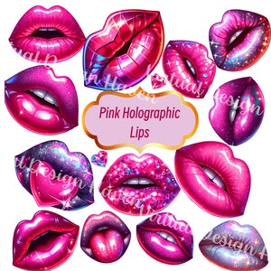 Holografische Glitzer-Galaxie-Lippen-Clipart, rosa kosmische Kuss-Grafiken, digitaler Download, holografische Lippen, kommerzielle Nutzung, transparente Lippen, PNG