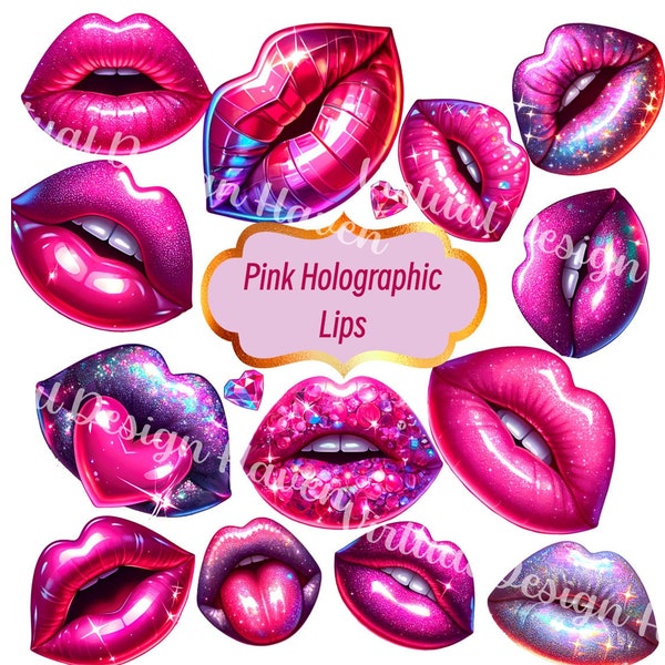 Holographic Glitter Galaxy Lips Clipart, Pink Cosmic Kiss Graphics, Digital Download, Holographic lips, commercial use, transparent lips,png