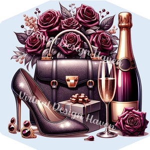 Imágenes prediseñadas de rosa púrpura, PNG transparente, bolso y zapatos elegantes, esencia fashionista de lujo, arte digital sofisticado, imágenes prediseñadas de moda, sublimación