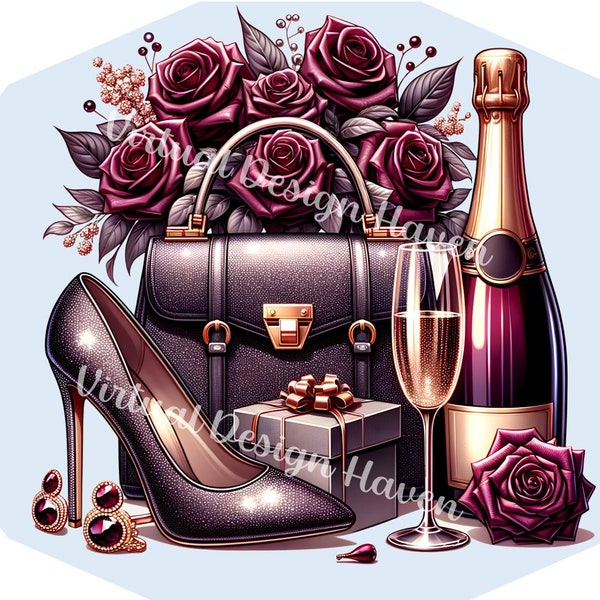 Purple Rose Clipart, Transparent PNG, Chic Bag & Shoes , Luxe Fashionista Essence, Sophisticated Digital Art, Fashion Clipart, Sublimation