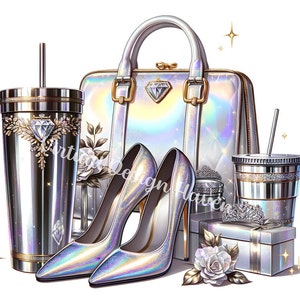 Clipart de rosas plateadas, PNG transparente, bolso y zapatos elegantes, esencia fashionista de lujo, arte digital sofisticado, imágenes prediseñadas de moda, sublimación