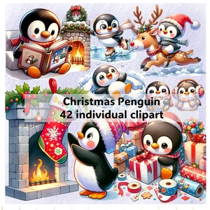 42 lindo paquete de imágenes prediseñadas de pingüino de Navidad, pingüino de acuarela, pingüino festivo, diseños de sublimación, uso comercial, PNG transparente, imprimible