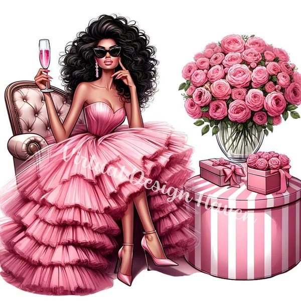 Fashion Illustration, TRANSPARENT PNG, Fashion Girl Clipart, Glam Girl Clipart,Girl Boss Clipart, Lady Boss Clipart, Luxury, Pink Roses