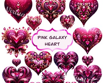 Galaxy Heart Clipart: Jeweled Love Symbols, 17 PNG (Digital Download)