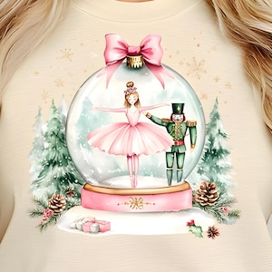 Clipart de bailarina aquarela, 9 globos de neve de Natal PNG, design de balé quebra-nozes para o feriado, camiseta DTF rosa festiva, uso comercial