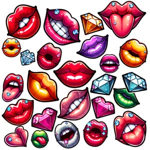 Diamond Lips Cartoon Clipart Bundle - 54 PNG Files, Glamorous Lip Art, Digital Illustrations