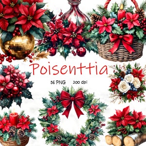 Clipart de Poinsétia em aquarela, adesivos florais de Natal, planejador digital festivo, conjunto de buquê de Natal PNG, Natal clássico,