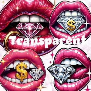 Conjunto de imágenes prediseñadas de labios de diamante, paquete de imágenes PNG de lápiz labial glamoroso, arte de labios de dinero de lujo, gráficos brillantes y llamativos, descarga digital, DTF de sublimación