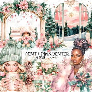 Watercolor Mint & Pink Christmas Clipart, Frosty Coziness PNG, Winter Vacation Clip Art Bundle, Holiday Cottagecore Digital Download