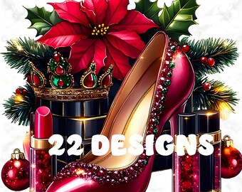 May include: A red high heel shoe with a jeweled design, a crown, and red lipstick tubes. The shoe is surrounded by green and red holiday foliage. The text "22 DESIGNS" is visible in the image.