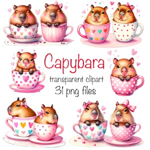 Clipart di capibara carino dell’acquerello, PNG trasparente di capibara rosa, tazza da tè con animali stravaganti Coquette, pubblicità romantica di sublimazione