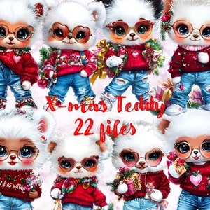 Clipartset kerstteddybeer | Leuke kerstbeer, png PNGEgg | Kerst cartoon beren met cadeaus | Digitale winterstickers voor planners en knutselwerkjes