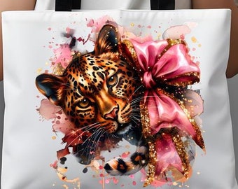 May include: White tote bag with a colorful watercolor design featuring a leopard with a pink bow. The leopard's face is the focal point of the design.