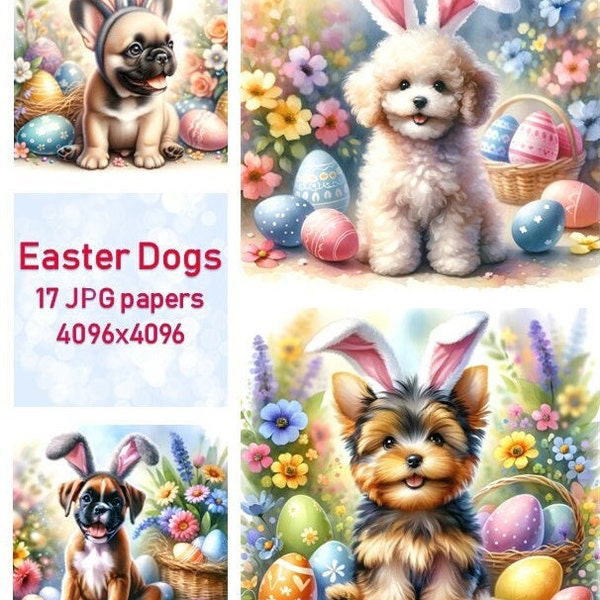 Joyeuses Pâques lapin oreilles chiens papiers, aquarelles chiots mignons avec oreilles de lapin, album, races de chiens drôles et mignons