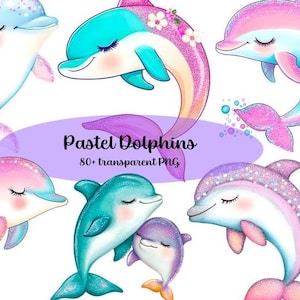 Pastel Watercolor Dolphins Clipart Bundle, 80+ Glitter Dolphin PNG, Cute Ocean Animals, Baby Shower Graphics, Digital Sticker Download