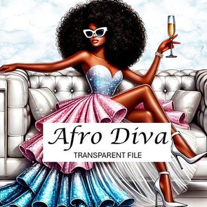 Élégante Afro Diva PNG Clipart | Femme glamour aux cheveux bouclés en robe scintillante | Illustration de mode pour sublimation, invitations, art mural