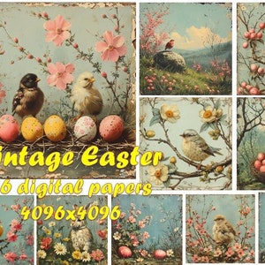 Papel de álbum de recortes de Pascua vintage, papeles digitales efímeros, PNG de Pascua retro, papeles de primavera efímeras, fondo digital, pájaro vintage, chatarra