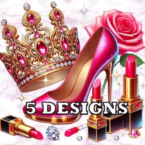 Bundle PNG rose glam talons et couronne, fichiers transparents, motifs par sublimation, transfert DTF, talons hauts et couronne d'art, élément de design de mode