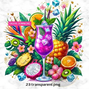 Cocktail d'été boissons Clipart - 23 boissons tropicales florales PNG - fond transparent - téléchargement numérique graphiques - usage commercial