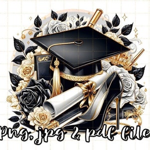 Clipart illustration noir or blanc remise des diplômes, sublimation numérique glamour luxueux, chapeau de diplômé, diplôme, art de chaussures à talons hauts, bal de promo mode