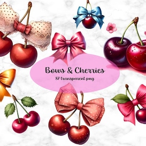 Cherry Bow Clipart Bundle, Pink Red Bow Coquette, Soft Girl Era PNG, Watercolor Cherry Sublimation Design, Sweet Cherry Digital Image