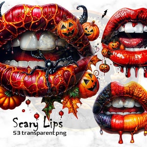 Bundle de cliparts pour les lèvres effrayantes, conception de lèvres de baiser effrayant, chauves-souris araignées d'Halloween, sang de citrouille, sublimation numérique, Halloween drôle, usage commercial