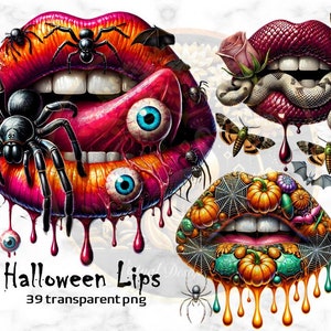Bundle de cliparts Halloween lèvres, design effrayant pour les lèvres, squelette citrouille chauve-souris effrayante, sublimation d'automne, impressions numériques, usage commercial
