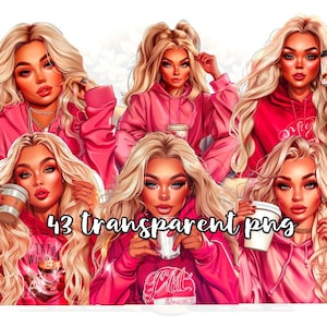 Amante del café rubio PNG, Clipart de moda rosa y rojo, Sublimación transparente de chica mala, Estilo mujeres, Uso comercial, Pegatina digital Blogger