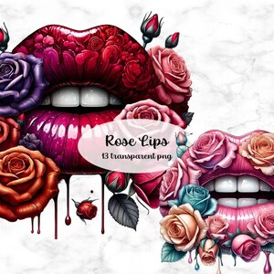 Rose Lips Clipart Bundle, Vibrant Floral Lips, Chic Kiss Lip Digital Print, Trendy Digital Design, Commercial Use, Rose Transparent Png