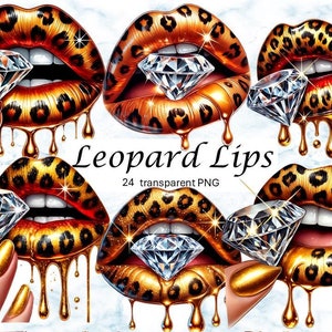 Akwarela Lampart Diamentowe Usta Clipart, Kapiący Złoty Brokat Pocałunek Usta Sublimacja PNG, Przezroczysta Glam Ilustracja, Naklejka Cyfrowa