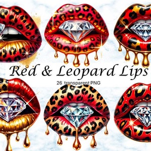 Red Leopard Diamond Lips Clipart Bundle, Dripping Glitter Lips Sublimation PNG, Glam Illustration, Watercolor Design, Digital Stickers