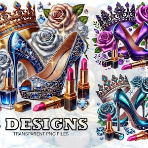 Niebieskie Glam Heels Crown Fashion Illustration, Fioletowy Luksusowy Clipart, Sublimacja PNG, Naklejka Cyfrowa, Elegancki Fioletowy Modny Projekt, Wykorzystanie Komercyjne