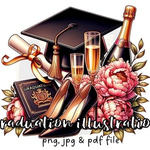 Glam Graduation Clipart, luxuriöse digitale Kunst, Grad Hat Diplom High Heels Champagner Blumen, digitale Sublimation PNG Mode Abschlussball einladen