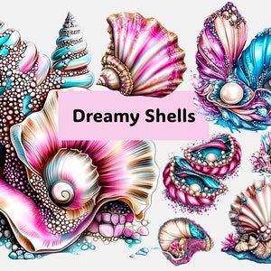 45 Imágenes prediseñadas de conchas de ensueño, sublimación de diseño digital rosa azul iridiscente, corales de perlas, PNG transparente de mar glamoroso de moda, uso comercial