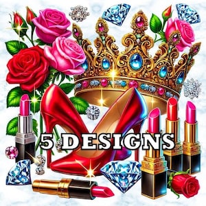 Clipart di tacchi rossi glamour con corona e rose / PNG di sublimazione di moda / Design digitale con rossetto e diamanti, immagine di moda glamour
