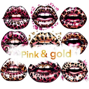 ClipArt labbra in lamina d'oro rosa, illustrazione del bacio leopardo, adesivo labbra Luxe, immagine pianificatore digitale, design di sublimazione, clipart trasparente