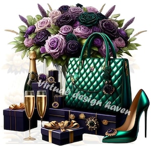 May include: A green quilted handbag with a gold chain and a large green bow.  The handbag is surrounded by gifts wrapped in blue paper with gold ribbon and a bottle of champagne with two glasses.