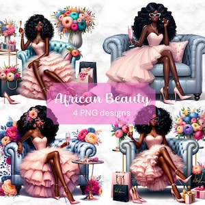 Illustrazione di moda di bellezza africana, ragazza nera glamour, elegante afrocentrica in abiti rosa, PNG trasparente, progetti di design di lusso