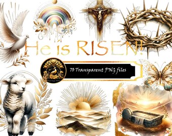 He is Risen aquarel clipart: Christian Easter png-bundel (digitale stickers)