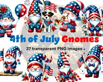 Clipart di gnomi ad acquerello del 4 luglio: immagini PNG patriottiche (download digitale)