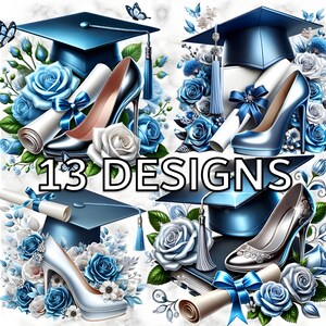 Blau Silber Abschlussfeier Clipart Bundle PNG, Cap Diploma High Heels Blumen Sublimationsgrafiken für Einladungen, Partydekor, Mode Abschlussball