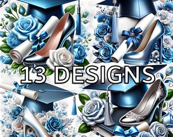 Blue Silver Graduation Clipart Bundle: PNG Graphics (Digital Download)