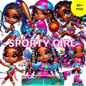 Clipart di ragazza africana sportiva, illustrazioni dinamiche luminose afroamericane carine, adesivi digitali, PNG di sublimazione, arte energica per bambini afro