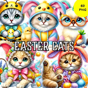 60 imágenes prediseñadas de gatito de Pascua, gato primaveral PNG, lindos gatos con orejas de conejo, huevos de Pascua felices en tonos pastel, gatito kawaii, pegatinas de planificador digital, sublimación